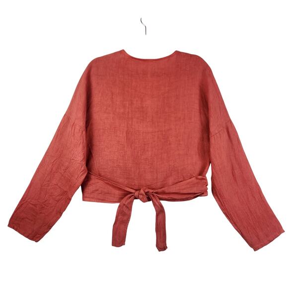 Scandal Made in Italy 100% Linen Wrap Top Women’s SZ M Salmon Colorway Long Slvs - Picture 2 of 15